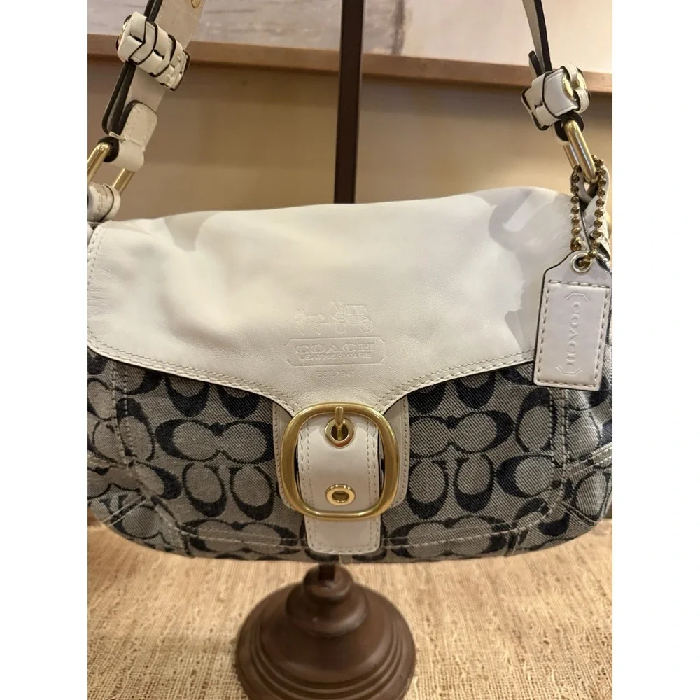 Vintage Coach Bleecker Denim Signature White Leather Trim Flap Bag Satchel 11772